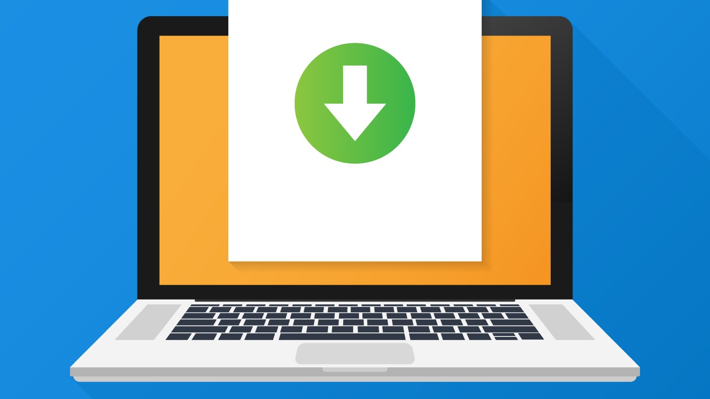 Laptop and download file icon. Document downloading concept. Trendy flat design graphic with long shadow.