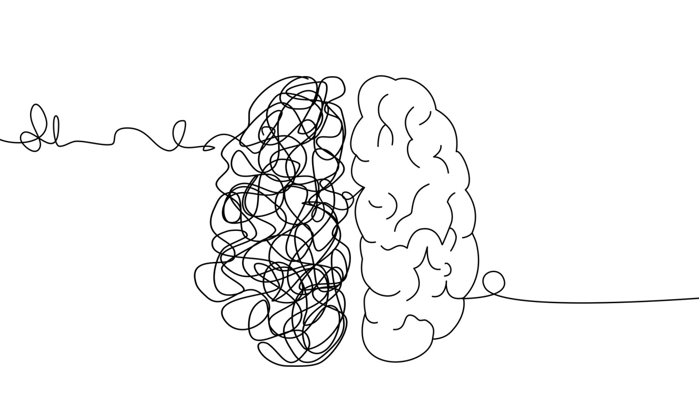 Mental health ,brain development  medical treatment concept, line in a shape of arrange messy to perfect, complicated string try to go in the same direction  , vector  illustration