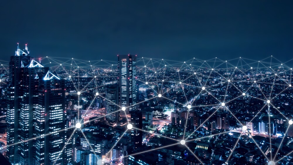 Telecommunication network above city, wireless mobile internet technology for smart grid or 5G LTE data connection, concept about IoT, global business, fintech, blockchain