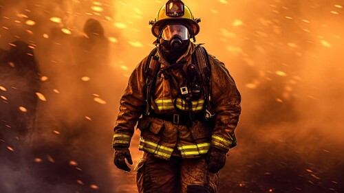 Portrait of a brave firefighter against a background of fire.